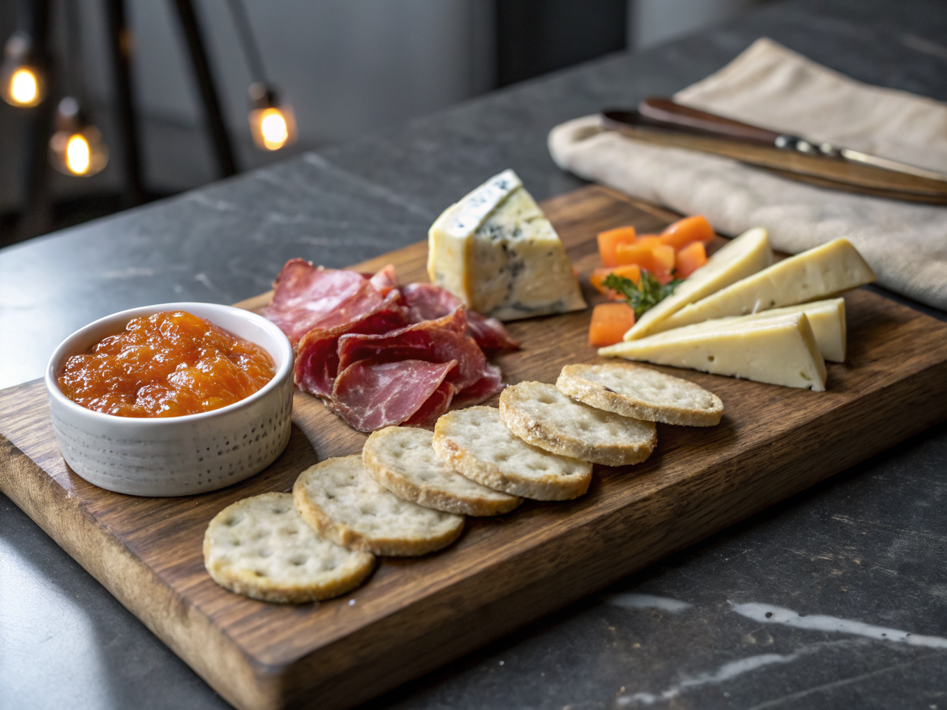 Premium selection of European cheeses and cured meats on a wooden board